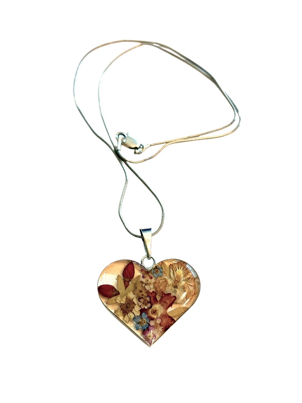 Heart Pendant Necklace with Dried Flowers Sterling Silver 925
